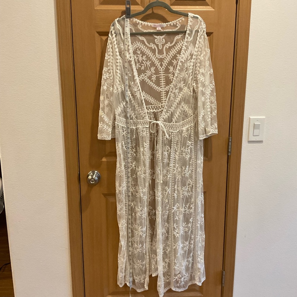 JW Styles Sheer Embroidered Lace Tie Front Duster Cardigan - White